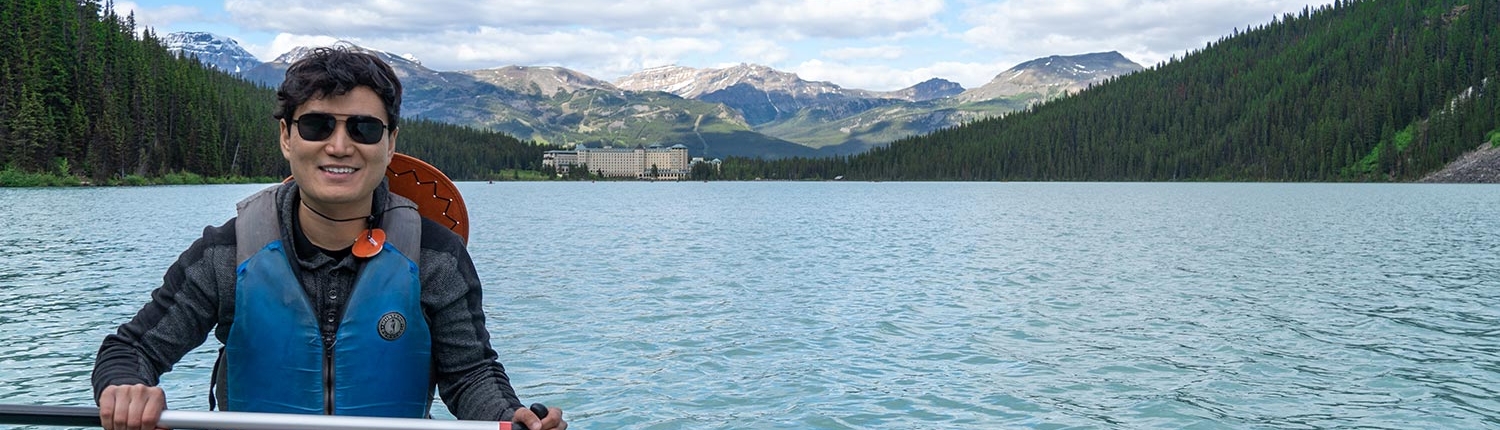 Ace Canoeing on Lake Louise in Banff, Canada